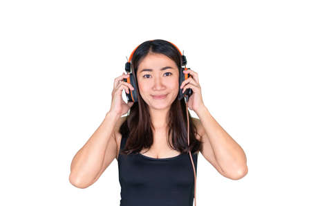 Asian women wearing headphones to listen to music isolated on a white background