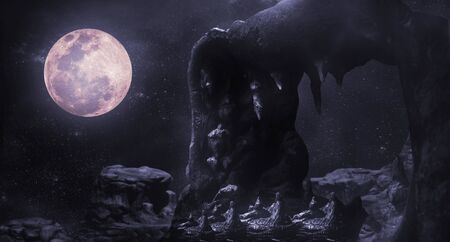 During the night time, the rocky mountains had full moon and stars.