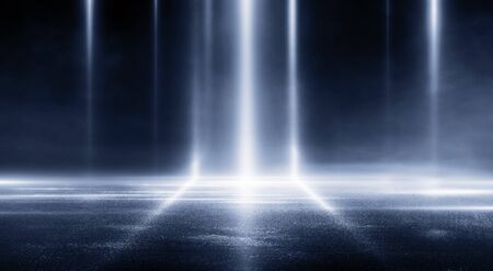 3D rendering abstract dark empty scene blue neon searchlight light wet asphalt smoke night view rays.の写真素材