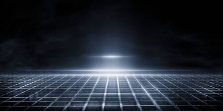 3D rendering wet asphalt, reflection of neon lights, a searchlight, smoke. Abstract light in a dark...