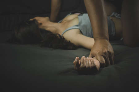 Sexual abuse is a problem social issues concept, Man's hand holding a woman hand for rape and sexual...