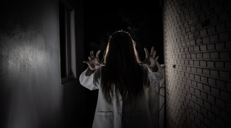 Scary ghost in white dress halloween themeの写真素材