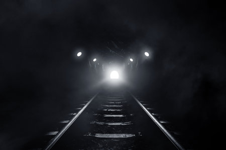 3D Rendering Old tunnel of the railway scary at nightの写真素材