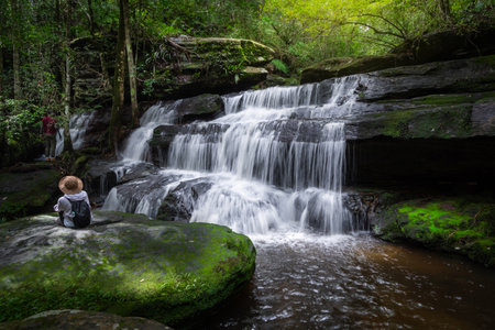 Waterfall in the rainforest At Pen Phop Waterfall, Phu Kradueng National Park, Thailandの写真素材