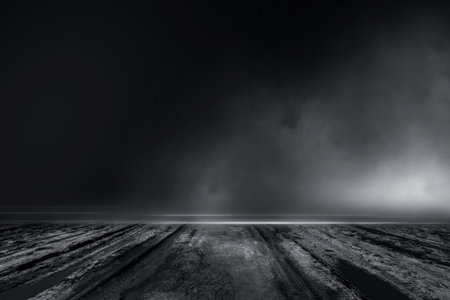 3D Rendering abstract dirt road soaked with water light in dark street and smoke on black background