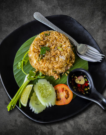 Fried rice in a black plate on a vintage cement dining table.の写真素材