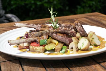 Beef dish in a restaurantの写真素材