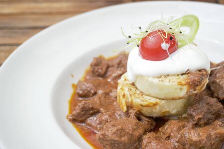 Beef dish in a restaurantの写真素材