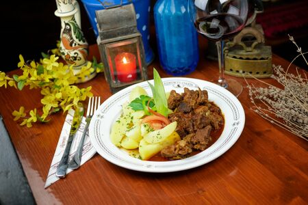 Beef dish in a restaurantの写真素材
