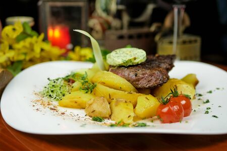 Beef dish in a restaurantの写真素材