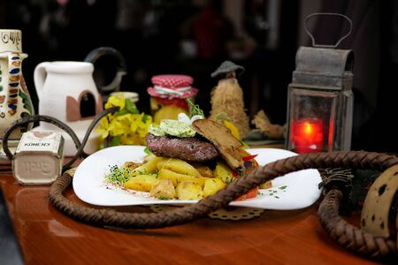 Beef dish in a restaurantの写真素材