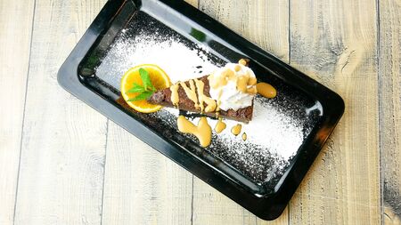 Cake on a restaurant tableの写真素材