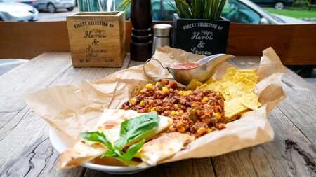 Fast food on a restaurant tableの写真素材