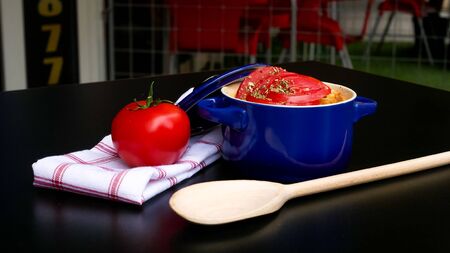 Pasta dish on a restaurant tableの写真素材