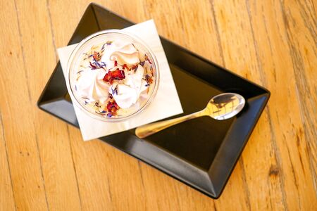 Pudding on a restaurant table