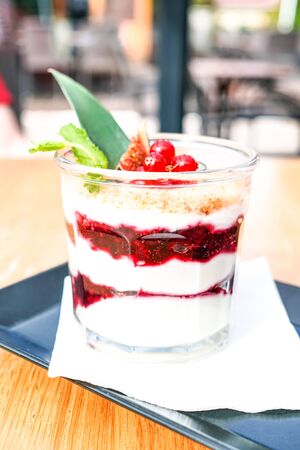 Pudding on a restaurant tableの写真素材