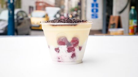 Pudding on a restaurant tableの写真素材