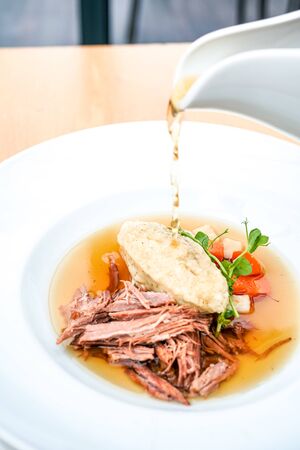 Soup on a restaurant tableの写真素材