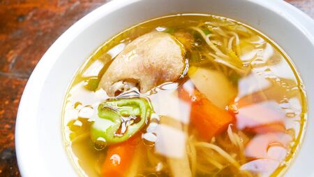 Soup on a restaurant tableの写真素材