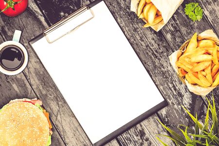 Blank fast food menu on a restaurant tableの写真素材