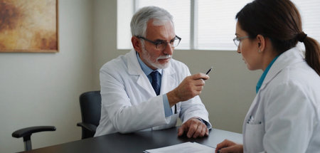 Doctor and patient discussing something while sitting at the table. Medicine and health care concept.の素材