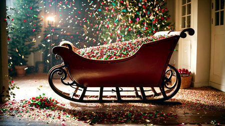 Feel the joy of Christmas with this vintage sleigh filled with confetti. A heartwarming, festive scene perfect for holiday promotions and seasonal greetings.の素材