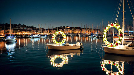 Festive boats adorned with sparkling wreaths create a magical holiday atmosphere on the tranquil harbor waters. Perfect for seasonal greetings and vacation themes.の素材