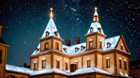 A magical winter castle scene under a starry night sky, perfect for holiday campaigns, festive greetings, and capturing the enchanting spirit of the season.の素材