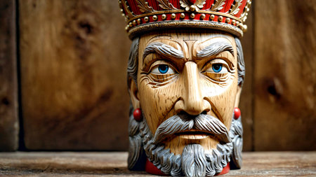 Detailed wood carving of a king's head with a crown evokes history and artistry. Perfect for adding a touch of royalty to your creative projects.の素材