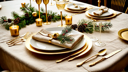 Experience the magic of the holidays with this stunning festive table setting. Golden hues, natural greenery, and flickering candles create an unforgettable ambiance for cherished gatherings.の素材