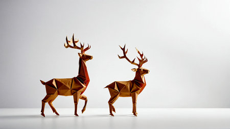 Stunning metallic origami reindeer bring sophisticated festive magic and modern geometric artistry to your holiday and winter decor themes, perfect for elegant visual concepts.の素材