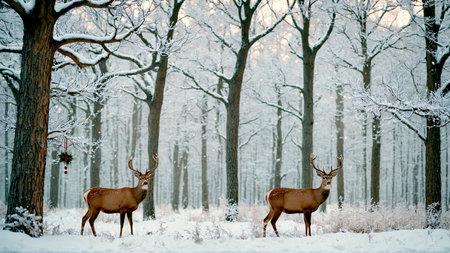 Capture the enchanting spirit of winter with majestic deer in a pristine, snow-dusted forest. This serene scene evokes holiday magic and natural beauty for any seasonal project.の素材