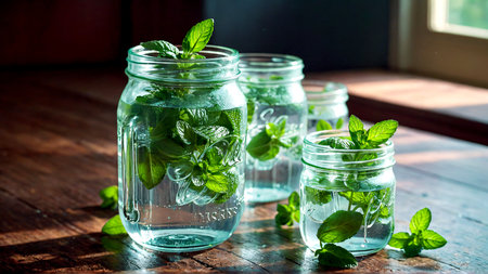 Experience pure refreshment with vibrant mint leaves steeped in clear water within charming mason jars, creating a naturally revitalizing beverage for any occasion.の素材