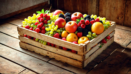 Experience the bounty of nature with this overflowing wooden crate of fresh, vibrant fruits. Perfect for healthy living, culinary creations, or simply pure enjoyment.の素材