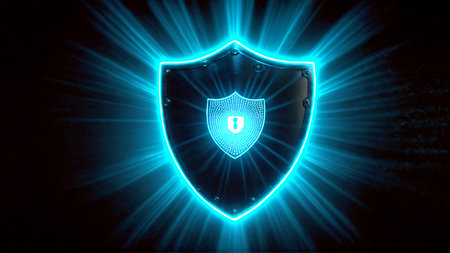Experience ultimate digital protection with this powerful, glowing shield symbolizing robust cybersecurity and safeguarding your valuable data.の素材