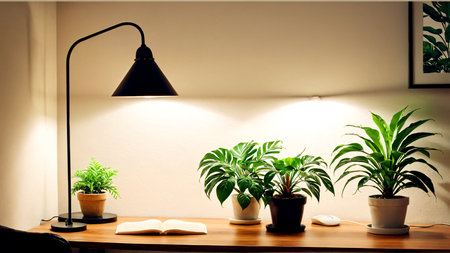Brighten your space with this serene desk scene, featuring vibrant plants, an open book, and a modern lamp for ultimate focus and inspiration. Perfect for home offices.の素材