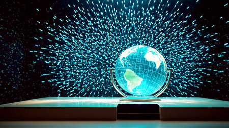 Experience the future with this vibrant digital globe, a powerful symbol of global connection and technological innovation, perfect for impactful business presentations.の素材