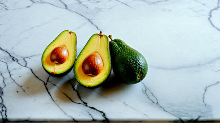 Experience the natural vibrancy of fresh avocados, one whole and two halved, showing their rich golden interior and prominent pits on a sleek marble surface. Perfect for culinary inspiration.の素材