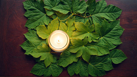 Experience tranquility with this warm candle and lush green leaves, evoking natural serenity and peaceful moments. Ideal for wellness, spa, or relaxation themes.の素材