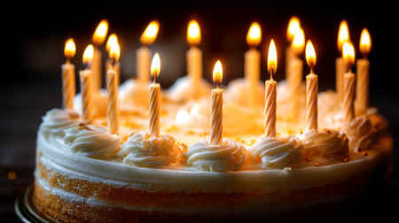 Capture the magic of birthdays with a scrumptious cake aglow with candles. Ideal for invitations, menus, or adding warmth to your festive projects.の素材
