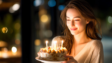 Capture joyous moments with this warm scene of a woman holding a birthday cake, ideal for heartfelt greetings, event promotions, or lifestyle marketing campaigns.の素材