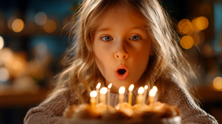 Magical birthday moment! Little girl blows out candles, making a wish on her cake, surrounded by warm bokeh lights. Perfect for family celebrations and memories.の素材