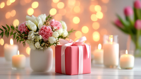 Celebrate love with this romantic gift and floral arrangement, perfect for Valentine's Day or a special birthday. The soft candlelight creates a cozy, intimate atmosphere.の素材