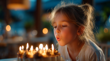 A heartwarming birthday celebration with a young girl blowing out candles, making wishes for a bright future. Capture the joy of family moments and childhood dreams.の素材