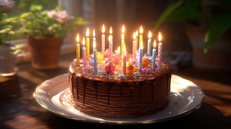 A delicious chocolate cake with glowing candles creates a warm, celebratory atmosphere. Perfect for birthdays, anniversaries, and sharing joy with loved ones.の素材