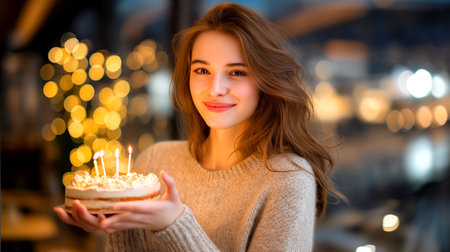 Capture heartwarming joy with a young woman holding a birthday cake, sparkling lights, and pure happiness that elevates life's sweet moments and celebrations.の素材