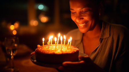 Experience pure joy as a woman celebrates her birthday with a delightful cake and friends. Perfect for ads, cards, or social posts conveying warmth and happiness.の素材