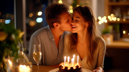 Celebrate love's sweet moments! A couple's romantic kiss near a birthday cake and champagne creates a warm, intimate ambiance. Perfect for heartfelt anniversary celebrations.の素材