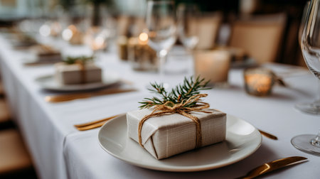Create a feeling of warmth and celebration with this elegant table setting, perfect for holiday events or special occasions. Gifts, candlelight, and stylish details.の素材
