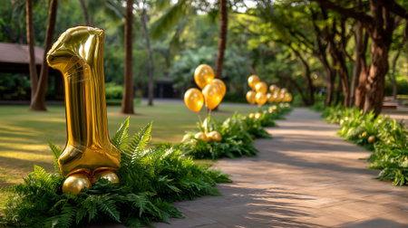 Golden balloons mark a joyous first anniversary amid lush greenery. Perfect for celebration announcements, birthdays, or milestone achievements in a vibrant outdoor setting.の素材